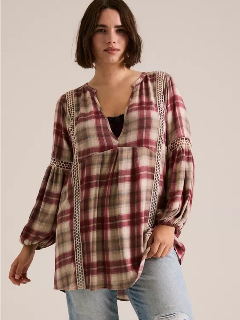 Torrid Festi Deep Red and Tan Plaid V-Neck Tunic with Lace Insets